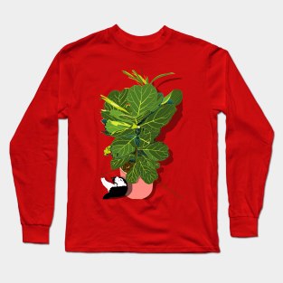 Cute tuxedo cat and Fiddle Leaf Fig Tree Copyright TeAnne Long Sleeve T-Shirt